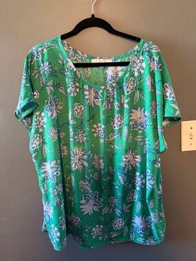 LOFT Green Floral Short Sleeve Blouse